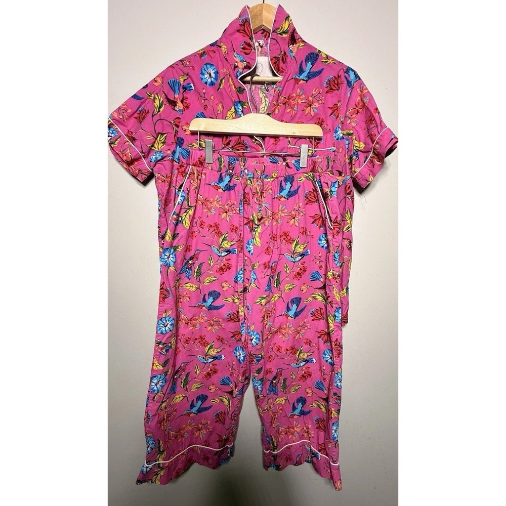 Printfresh Hummingbird Pajama Set Pink Cotton Floral Short Sleeve Shirt Pants S